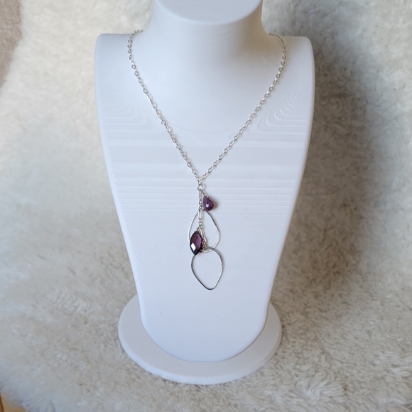 ITALY Sterling Silver Necklace Drop Pendant with Gemstones Amethyst 16.5" - Picture 3 of 8